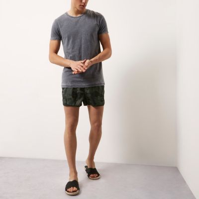 Dark green camo print swim shorts